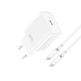   Hálózati töltőfej, adapter, USB-C (Type-C) port + USB-C - USB-C adatkábel, töltőkábel, 1m 3A 20W, fehér, XO CE15