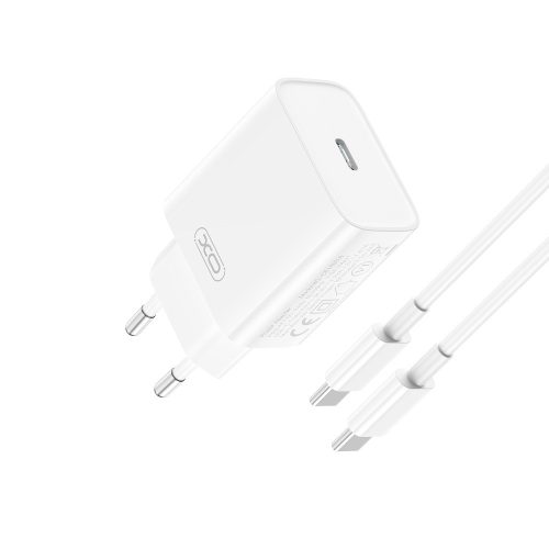 Hálózati töltőfej, adapter, USB-C (Type-C) port + USB-C - USB-C adatkábel, töltőkábel, 1m 3A 20W, fehér, XO CE15