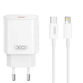   Hálózati töltőfej, adapter, USB-C (Type-C) port + USB-C - iPhone 8pin adatkábel, töltőkábel, 1m 3A 25W, fehér, XO CE25