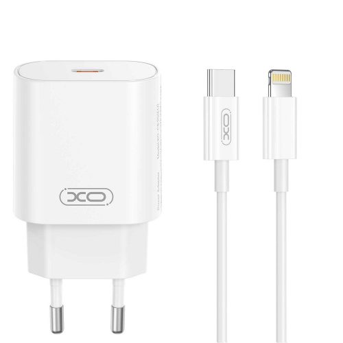 Hálózati töltőfej, adapter, USB-C (Type-C) port + USB-C - iPhone 8pin adatkábel, töltőkábel, 1m 3A 25W, fehér, XO CE25