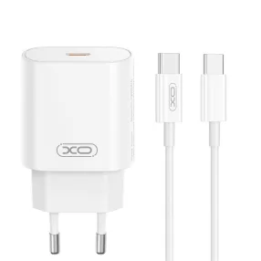   Hálózati töltőfej, adapter, USB-C (Type-C) port + USB-C - USB-C adatkábel, töltőkábel, 1m 3A 25W, fehér, XO CE25