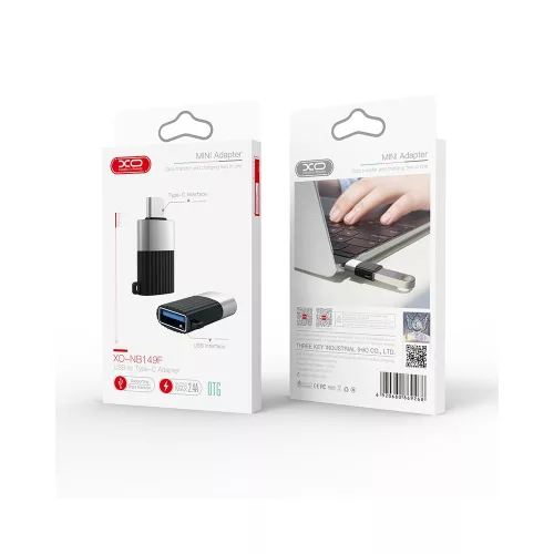 USB-A – USB-C OTG adapter – adatátvitel és töltés, 2,4A, fekete, XO NB149F