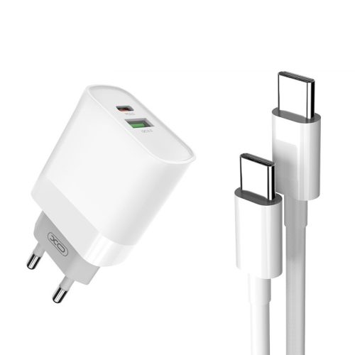 Hálózati töltőfej, adapter, USB és USB-C (Type-C) port + Type-C adatkábel, töltőkábel, 20W, XO L64