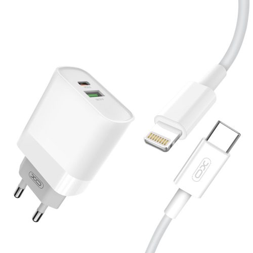 Hálózati töltőfej, adapter, USB és USB-C (Type-C) port + iPhone 8pin, lightning adatkábel, töltőkábel, 18W, adatkábel, XO L64