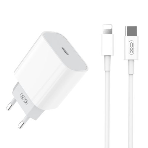 Hálózati töltőfej, adapter, USB-C (Type-C) port + iPhone 8pin, lightning adatkábel, 20W, fehér, iPhone 11 / 12 / 13/ 14 szériához, XO L77