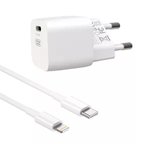   Hálózati töltőfej, adapter, USB-C (Type-C) port + USB-C - iPhone 8pin adatkábel, töltőkábel, 1m 3A 20W, fehér, XO CE01