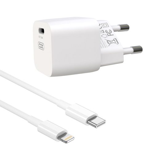 Hálózati töltőfej, adapter, USB-C (Type-C) port + USB-C - iPhone 8pin adatkábel, töltőkábel, 1m 3A 20W, fehér, XO CE01