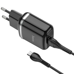   Hálózati töltőfej, adapter + Micro usb adatkábel, töltőkábel, gyorstöltő, 3A 18W 1m, fekete, Hoco N3 