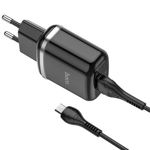 Hálózati töltőfej, adapter + Micro usb adatkábel, töltőkábel, gyorstöltő, 3A 18W 1m, fekete, Hoco N3 