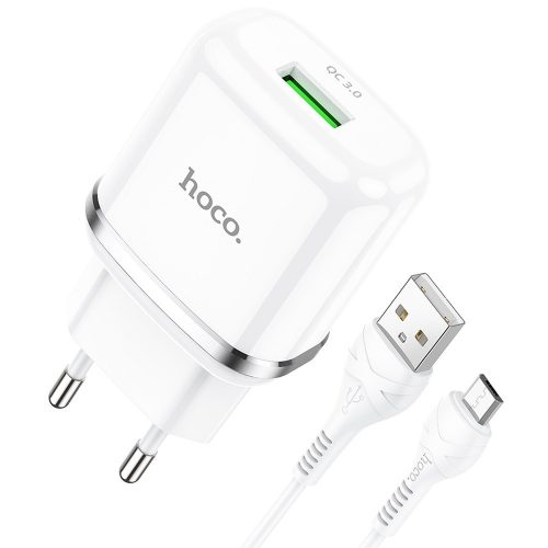 Hálózati töltőfej, adapter + Micro usb adatkábel, töltőkábel, gyors töltő, 1m 3A 18W, fehér, Hoco N3