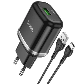   Hálózati töltőfej, adapter + USB-C (Type-C) adatkábel, töltőkábel, gyors töltő, 1m 3A 18W, fekete, Hoco N3