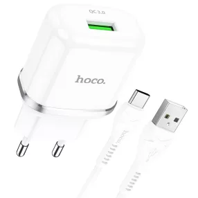   Hálózati töltőfej, adapter + Type-C adatkábel, töltőkábel, gyorstöltő, 3A 18W 1m, fehér, Hoco N3
