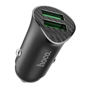   Szivartöltő fej, autós töltő, 2 USB port, gyorstöltő, quick charge, 1m 18W, karbon mintás, fekete, Hoco Z39