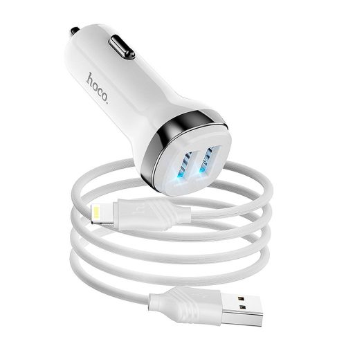 Szivartöltő fej, autós töltő, 2 USB port + iPhone 8pin, lightning töltőkábel, adatkábel, fehér, 2.4A, Hoco Z40