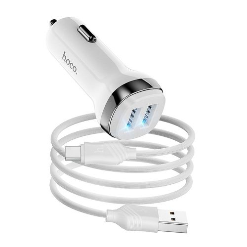 Szivartöltő fej, autós töltő, 2 USB port + Type-C adatkábel, töltőkábel, fehér, 2.4A, Hoco Z40