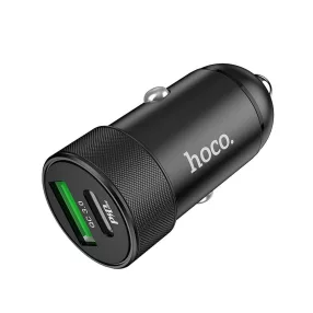   Szivartöltő fej, autós töltő, USB + USB-C (Type-C) port, gyorstöltő, PD 20W + QC3.0 18W, fekete, Hoco Z32B