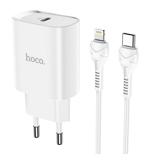 Hálózati töltőfej, adapter, USB-C (Type-C) port + USB-C - iPhone 8pin adatkábel, töltőkábel, 1m 3A 20W, fehér, Hoco N14