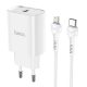 Hálózati töltőfej, adapter, USB-C (Type-C) port + USB-C - iPhone 8pin adatkábel, töltőkábel, 1m 3A 20W, fehér, Hoco N14