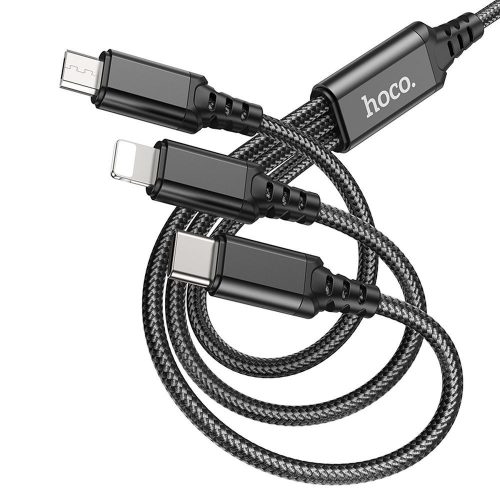 3in1 adatkábel, USB-A - micro USB / USB-C / iPhone 8pin, 2A 1m, fekete, Hoco X76