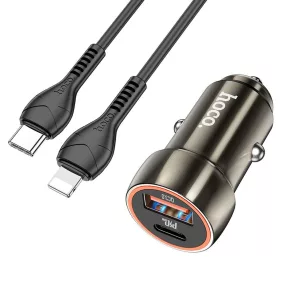   Szivartöltő fej, autós töltő, USB + USB-C (Type-C) port + iPhone 8pin, lightning töltőkábel, adatkábel, gyorstöltő, PD 20W + QC3.0 18W, fekete, Hoco Z46A