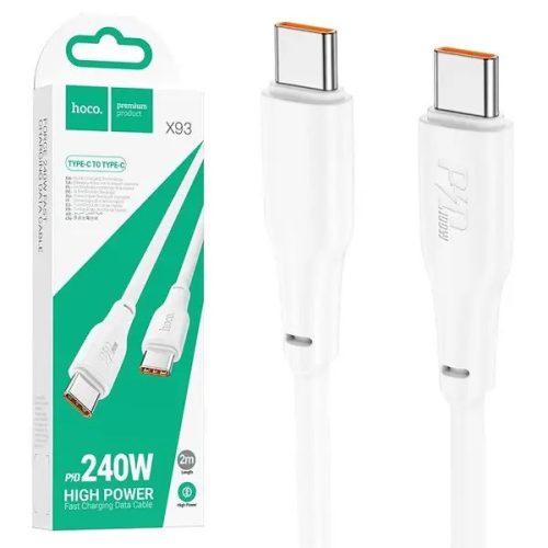 USB-C adatkábel, töltőkábel, USB-C-USB-C (USB Type-C), fehér, magas teljesítményű, 240W 5A 2m, Hoco X93