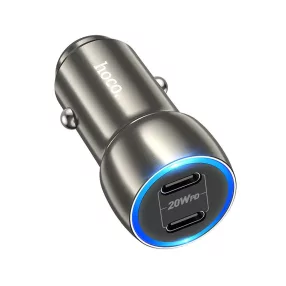   Szivartöltő fej, autós töltő, 2 USB-C (Type-C) port, gyorstöltő, PD 3.0, 2x20W, szürke, Hoco Z48