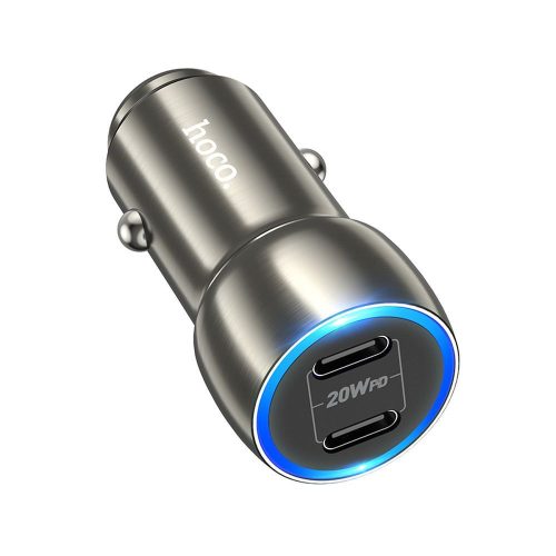 Szivartöltő fej, autós töltő, 2 USB-C (Type-C) port, gyorstöltő, PD 3.0, 2x20W, szürke, Hoco Z48