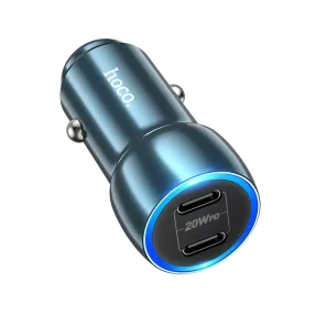   Szivartöltő fej, autós töltő, 2 USB-C (Type-C) port, gyorstöltő, PD 3.0, 2x20W, zafírkék, Hoco Z48