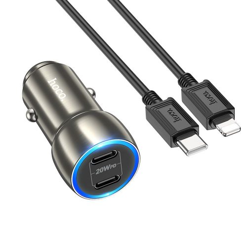 Szivartöltő fej, autós töltő, 2 USB-C (Type-C) port + iPhone 8pin, lightning töltőkábel, adatkábel, gyorstöltő, PD 3.0, 2x20W, szürke, Hoco Z48