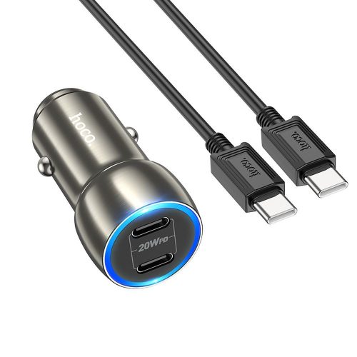 Szivartöltő fej, autós töltő, 2 USB-C (Type-C) port, + USB-C-USB-C (Type-C) adatkábel, töltőkábel, gyorstöltő, PD 3.0, 2x20W, szürke, Hoco Z48