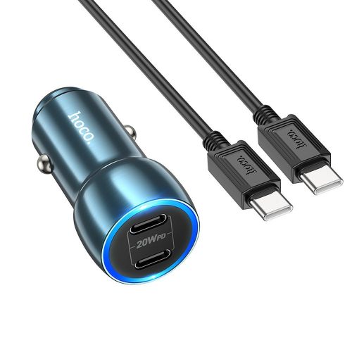 Szivartöltő fej, autós töltő, 2 USB-C (Type-C) port, + USB-C-USB-C (Type-C) adatkábel, töltőkábel, gyorstöltő, PD 3.0, 2x20W, zafírkék, Hoco Z48