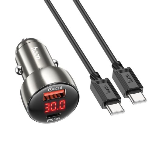 Szivartöltő fej, autós töltő, USB + USB-C (Type-C) port + USB-C-USB-C (Type-C) adatkábel, töltőkábel, gyorstöltő, kijelzővel, PD 30W + QC3.0 18W, szürke, Hoco Z50