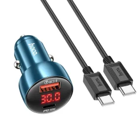   Szivartöltő fej, autós töltő, USB + USB-C (Type-C) port + USB-C-USB-C (Type-C) adatkábel, töltőkábel, gyorstöltő, kijelzővel, PD 30W + QC3.0 18W, zafírkék, Hoco Z50