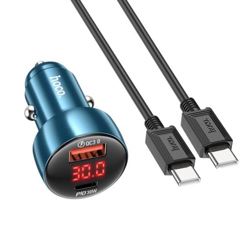 Szivartöltő fej, autós töltő, USB + USB-C (Type-C) port + USB-C-USB-C (Type-C) adatkábel, töltőkábel, gyorstöltő, kijelzővel, PD 30W + QC3.0 18W, zafírkék, Hoco Z50