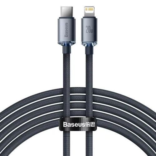 iPhone adatkábel, töltőkábel, iPhone 8pin, lightning - USB-C (Type-C), szövet bevonat, fekete, 20W 2m, Baseus Crystal Shine Series CAJY000301