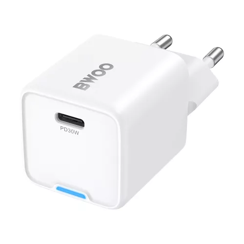 30W USB-C PD GaN gyorstöltő hálózati adapter telefon töltő, fehér, BWOO BO-CDA211