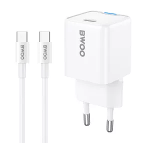   Hálózati töltőfej, adapter, USB-C (Type-C) port + USB-C - USB-C adatkábel, töltőkábel, GaN gyorstöltő, 1m 3A 30W, fehér, BWOO CDA211 C-C