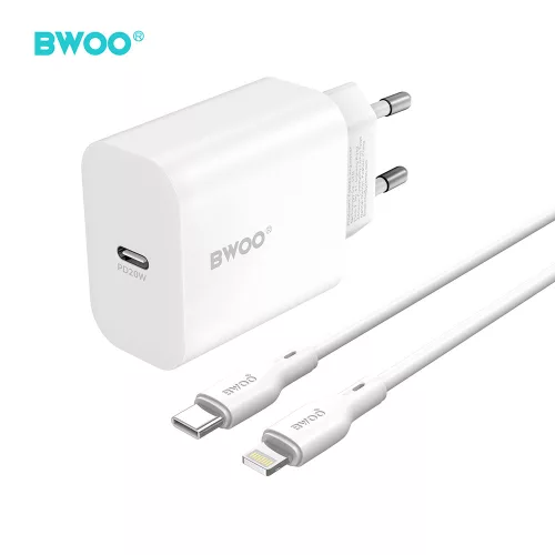 BWOO BO-CDA233C-L iPhone gyorstöltő 20W PD hálózati adapter USB-C Lightning kábeles telefon töltő