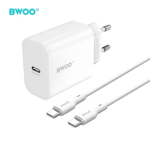BWOO BO-CDA233C-C 20W USB-C PD gyorstöltő adapter + USB-C – USB-C kábel telefon töltő szett