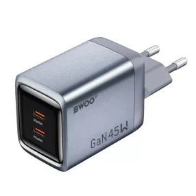   45W 2x USB-C PD 3.0 PPS GaN gyorstöltő hálózati adapter telefonhoz, szürke – BWOO BO-CDA239