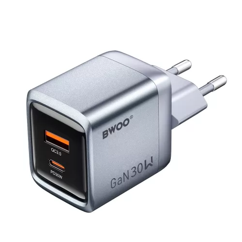 30W USB-C PD 3.0 + USB-A QC 3.0 GaN gyorstöltő adapter, szürke – BWOO BO-CDA237