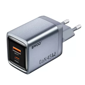   45W USB-C PD 3.0 + USB-A QC 3.0 GaN gyorstöltő hálózati adapter, szürke – BWOO BO-CDA240
