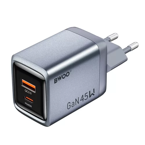 45W USB-C PD 3.0 + USB-A QC 3.0 GaN gyorstöltő hálózati adapter, szürke – BWOO BO-CDA240