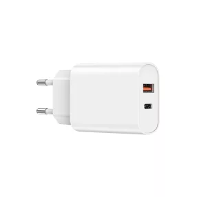   Hálózati töltőfej, adapter, gyorstöltő, USB-C + USB port, fehér, PD + QC 20W, WiWU Wi-U002
