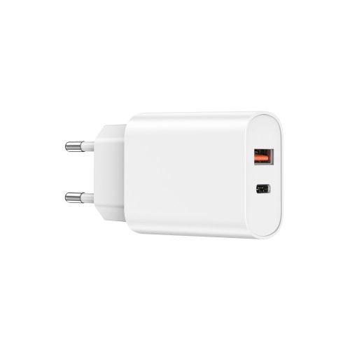 Hálózati töltőfej, adapter, gyorstöltő, USB-C + USB port, fehér, PD + QC 20W, WiWU Wi-U002