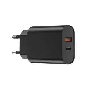   Hálózati töltőfej, adapter, gyorstöltő, USB-C + USB port, fekete, PD + QC 20W, WiWU Wi-U002