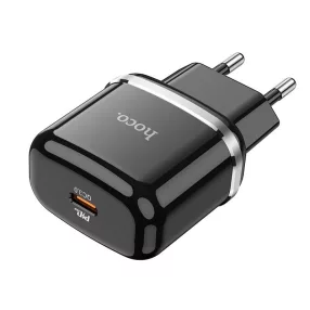   Hálózati töltőfej, adapter, USB-C (Type-C) port, gyorstöltő, QC3.0 PD 20W, fekete, Hoco N24