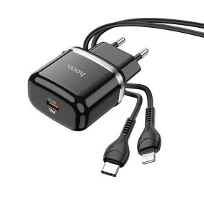   Hálózati töltőfej, adapter + iPhone 8pin, lightning adatkábel, töltőkábel, gyorstöltő, PD QC 3A 20W 1m, fekete, Hoco N24