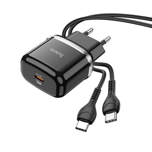 Hálózati töltőfej, adapter USB-C (Type-C) port + USB-C - USB-C adatkábel, töltőkábel, gyorstöltő, PD QC 3A 20W 1m, fekete, Hoco N24