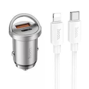   Szivartöltő fej, autós töltő, USB + USB-C (Type-C) port + iPhone 8pin, lightning töltőkábel, adatkábel, gyorstöltő, mini, QC 18W + PD 45W, ezüst, Hoco NZ10